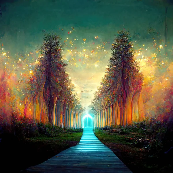 Surreal Path Gratitude Forest Amazing Light Illustration Render — Stock fotografie