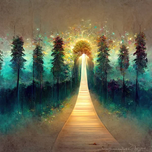 Surreal Path Gratitude Forest Amazing Light Illustration Render — Stok fotoğraf