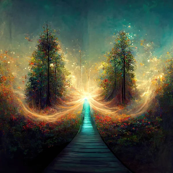 Surreal Path Gratitude Forest Amazing Light Illustration Render — Foto de Stock