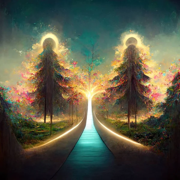 Surreal path of gratitude in forest with amazing light, 3d illustration, 3d render