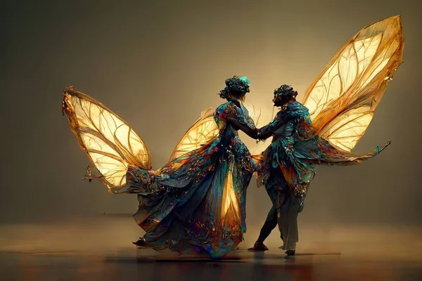 Digital art of a pair of human butterfly dancing salsa, 3d illustration