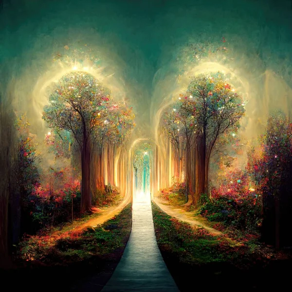 Сюрреалістичний Шлях Вдячності Лісі Дивовижним Світлом Ілюстрація Рендеринг — стокове фото