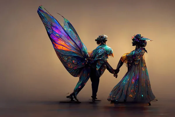 Digital art of a pair of human butterfly dancing salsa, 3d illustration