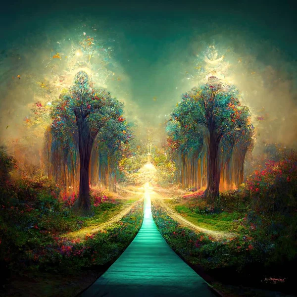 Surreal path of gratitude in forest with amazing light, 3d illustration, 3d render