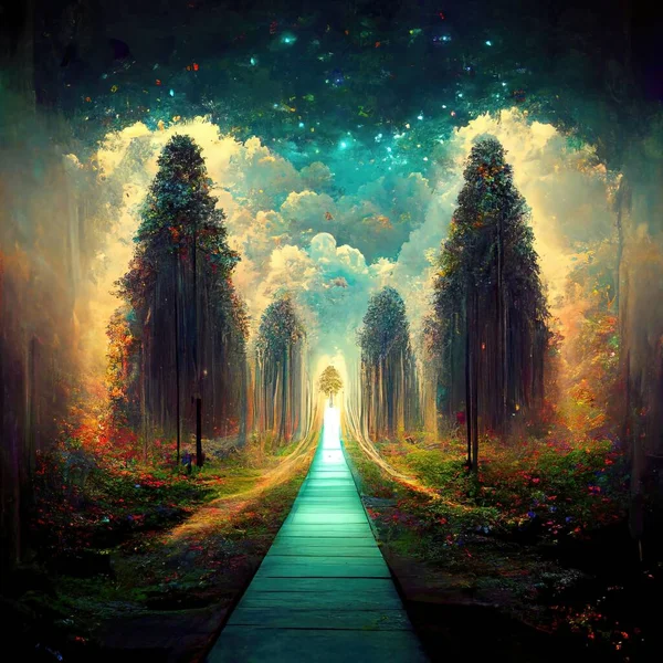 Surreal path of gratitude in forest with amazing light, 3d illustration, 3d render