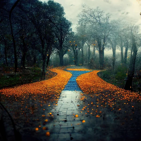 Surreal path of gratitude in forest with amazing light, 3d illustration, 3d render