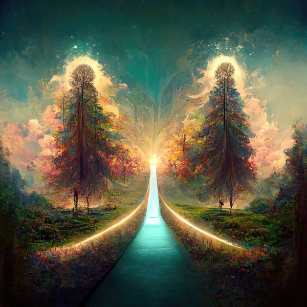 Surreal path of gratitude in forest with amazing light, 3d illustration, 3d render