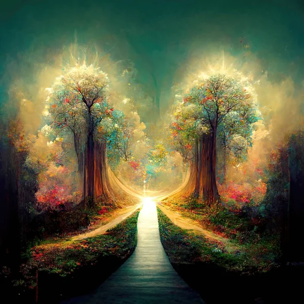 Surreal Path Gratitude Forest Amazing Light Illustration Render — Stok fotoğraf