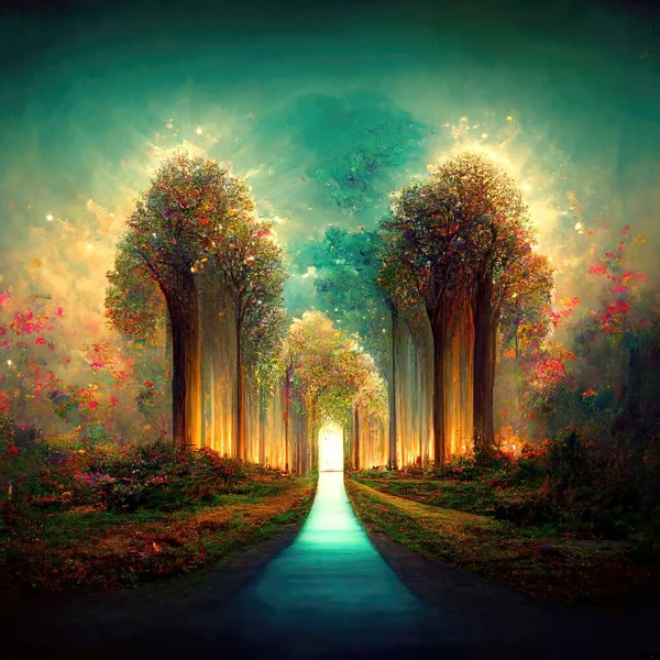 Сюрреалістичний Шлях Вдячності Лісі Дивовижним Світлом Ілюстрація Рендеринг — стокове фото