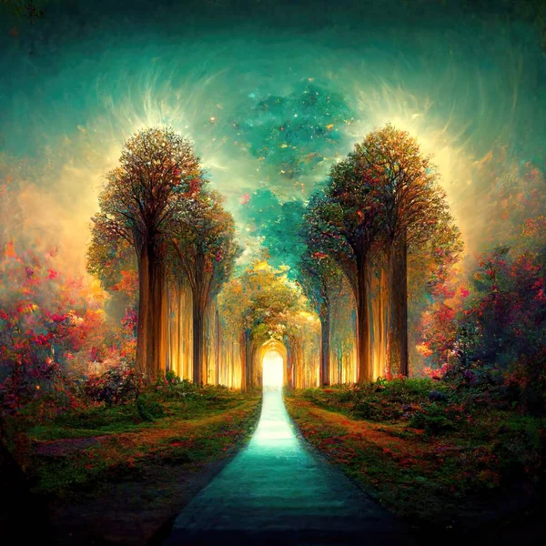 Surreal path of gratitude in forest with amazing light, 3d illustration, 3d render