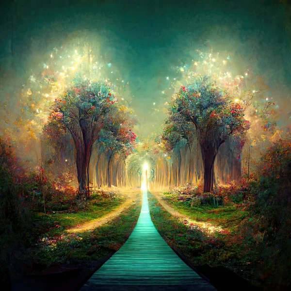 Surreal path of gratitude in forest with amazing light, 3d illustration, 3d render