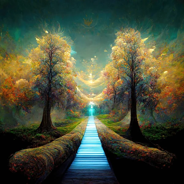 Surreal Path Gratitude Forest Amazing Light Illustration Render — Stock Fotó