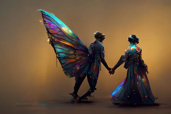 Digital art of a pair of human butterfly dancing salsa, 3d illustration