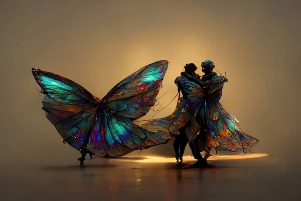 Digital art of a pair of human butterfly dancing salsa, 3d illustration