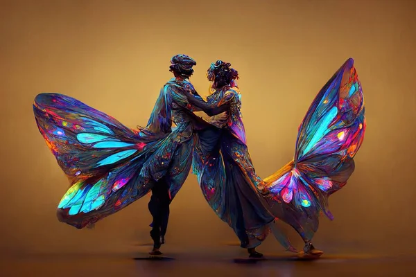 Digital art of a pair of human butterfly dancing salsa, 3d illustration