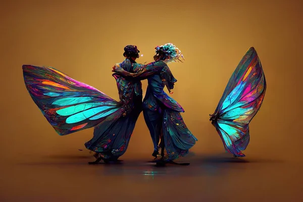 Digital art of a pair of human butterfly dancing salsa, 3d illustration