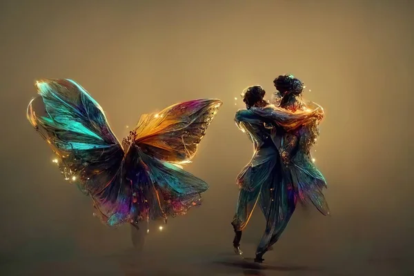 Digital art of a pair of human butterfly dancing salsa, 3d illustration