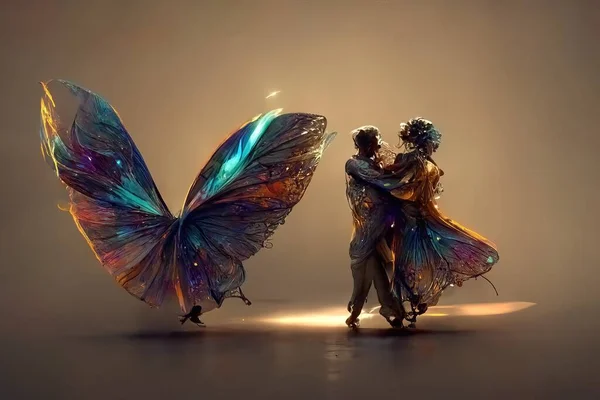 Digital art of a pair of human butterfly dancing salsa, 3d illustration