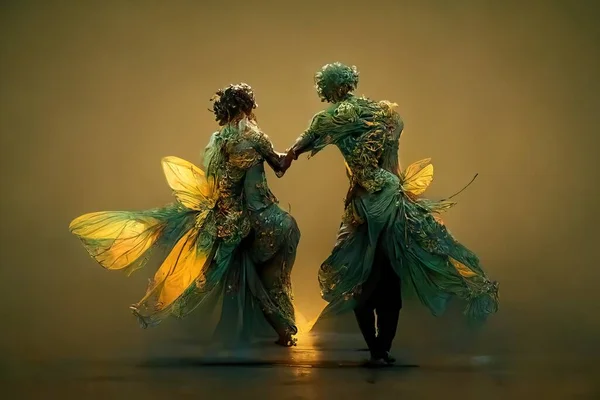 Digital art of a pair of human butterfly dancing salsa, 3d illustration