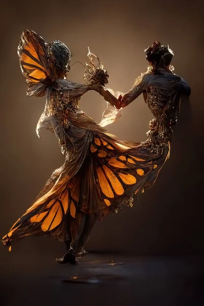 Digital art of a pair of human butterfly dancing salsa, 3d illustration