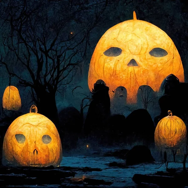 Pumpkins in the graveyard, spooky night, 3d Illustration,3d render