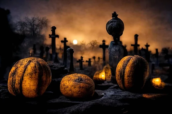 Pumpkins in the graveyard, spooky night, 3d Illustration,3d render