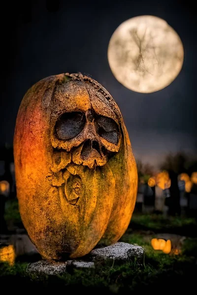 Pumpkins in the graveyard, spooky night, 3d Illustration,3d render