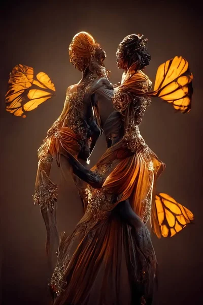 Digital art of a pair of human butterfly dancing salsa, 3d illustration