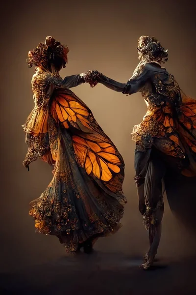 Digital art of a pair of human butterfly dancing salsa, 3d illustration