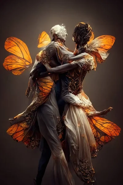 Digital art of a pair of human butterfly dancing salsa, 3d illustration