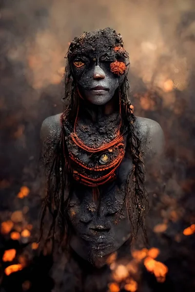 Tribal woman with face mask covered with mud,3d Illustration