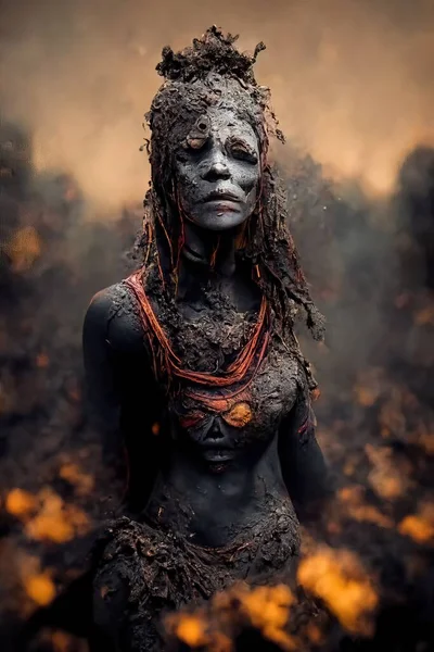 Tribal woman with face mask covered with mud,3d Illustration
