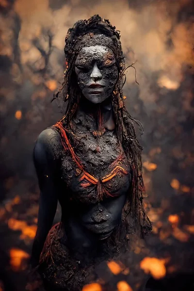 Tribal woman with face mask covered with mud,3d Illustration