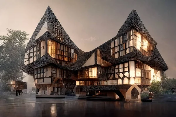 Tudor style architecture, digital art style, 3d illustration