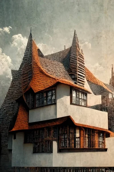 Tudor style architecture, digital art style, 3d illustration