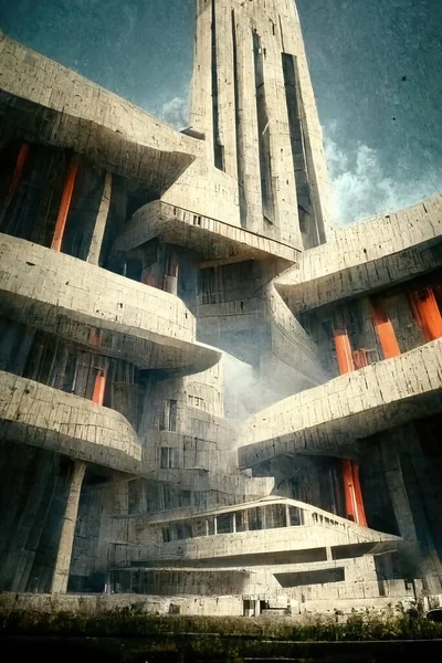 Brutalism architecture, digital art style, 3d illustration