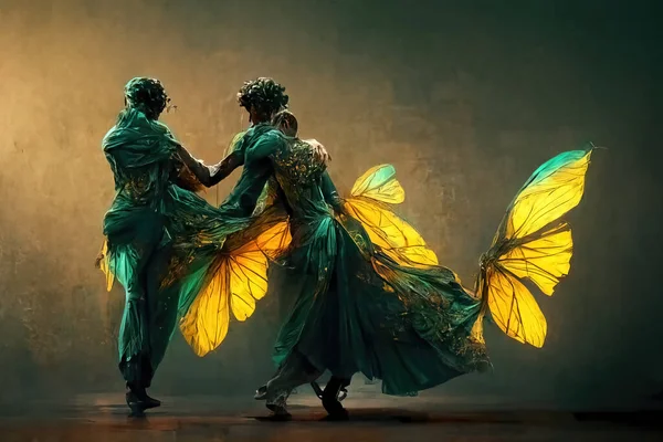 Digital art of a pair of human butterfly dancing salsa, 3d illustration