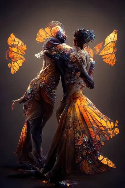 Digital art of a pair of human butterfly dancing salsa, 3d illustration