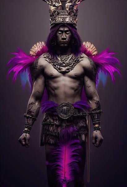 3d render of aztec man warrior with crown of feathers