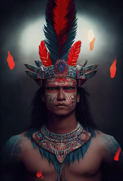 3d render of aztec man warrior with crown of feathers