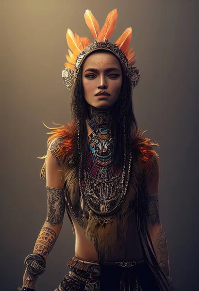 3d render of aztec woman warrior with crown of feathers