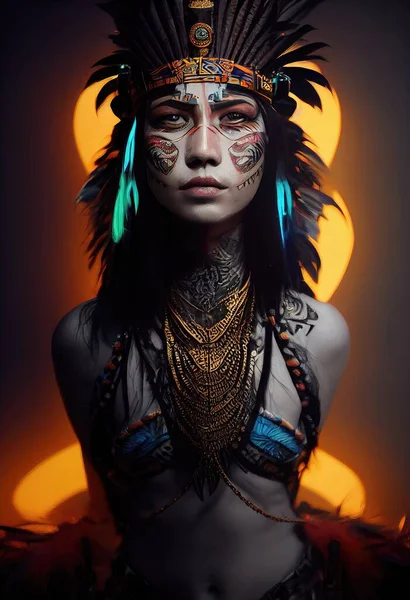 3d render of aztec woman warrior with crown of feathers
