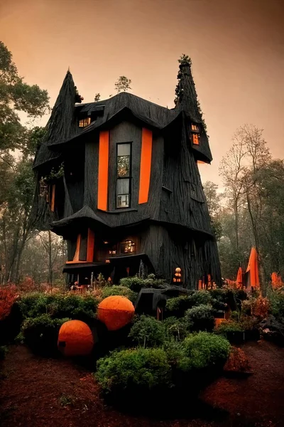 Black and orange house with Halloween theme, 3d illustration