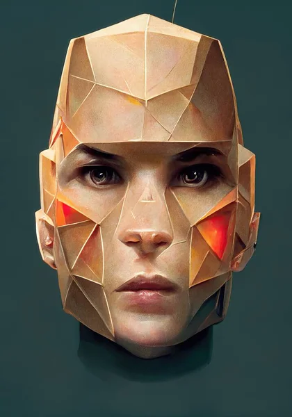Polygonal human face into cyborg head, 3d illustration