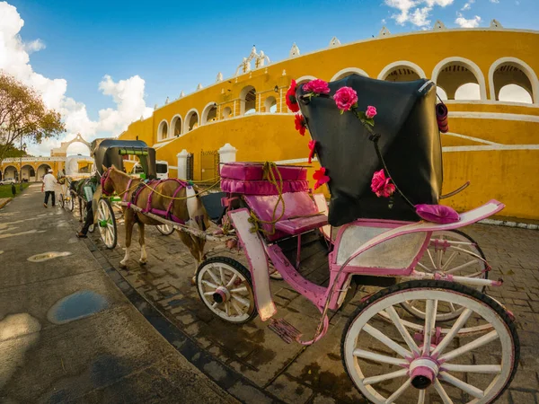 Carruaje Tirado Por Caballos Izamal Estado Yucatán México Calles Amarillas —  Fotos de Stock