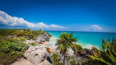 Mayalı harabelerin yanındaki Tulum plajı. Maya Rivierası, Meksika.