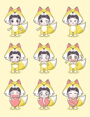 Tilki kostümlü şirin kız çizgi film çizimi