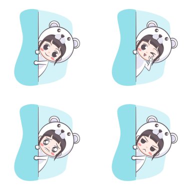 Çizgi film resimlerini saklayan şirin kutup ayısı kostümlü kız.