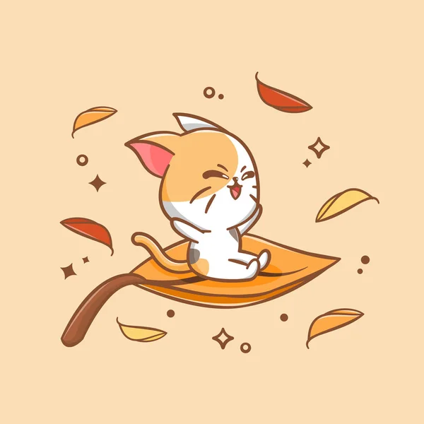 Niedliche Katze Befreit Ein Blatt Herbst Cartoon Illustration — Stockvektor