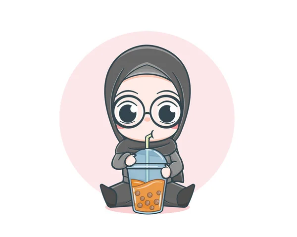 Χαριτωμένο Muslim Κορίτσι Φορώντας Πουλόβερ Πόσιμο Τσάι Φούσκα Εικονογράφηση Κινουμένων — Διανυσματικό Αρχείο